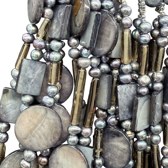 Amphai Handmade Layered Gray Shell MOP Pearls Smoky Quartz Sterling Necklace - Picture 2 of 9